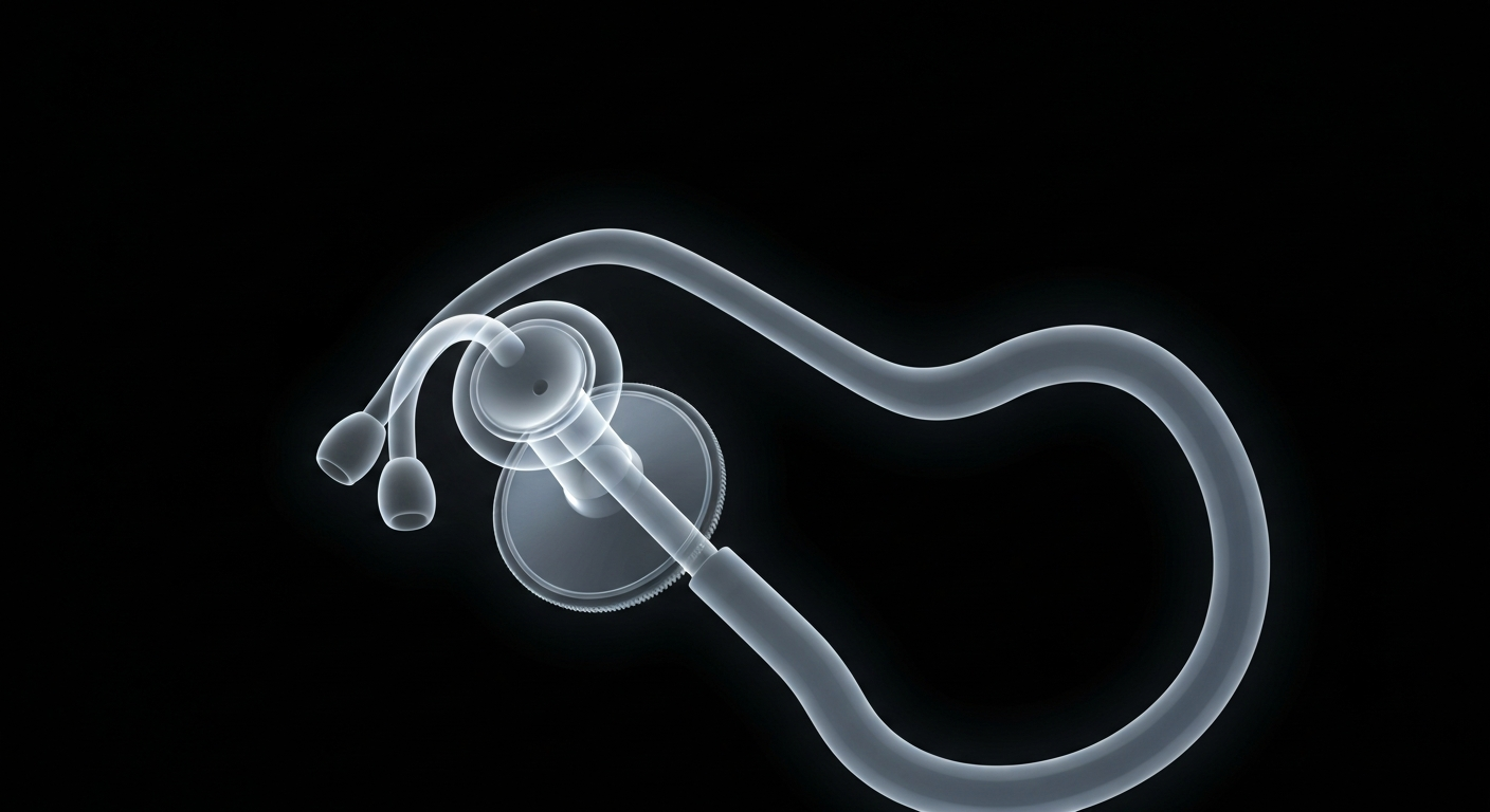 A ghostly, translucent X-ray image of a stethoscope, its internal structure glowing against a dark background, conceptually representing the Sheila Busheri Scholarship's focus on supporting the future of medical innovation.