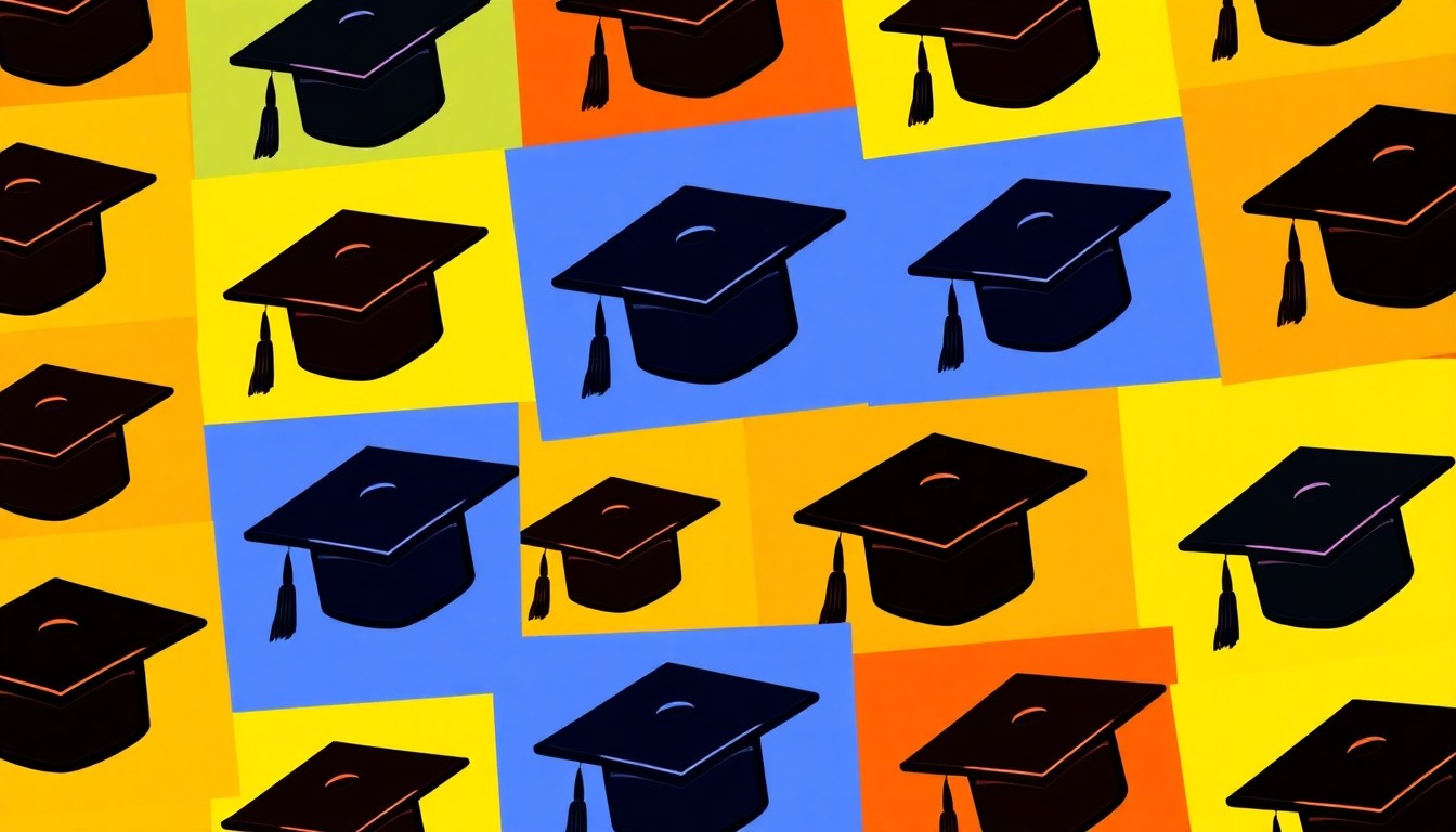 A highly stylized, abstract grid of brightly colored graduation cap icons in neon shades of pink, green, and blue, conveying the academic accolades and leadership development opportunities of the Roan Scholars program.
