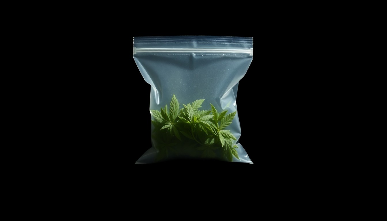 An extreme close-up photograph of a small plastic bag containing a green, leafy substance, lit by a harsh, direct camera flash against a pitch-black background, conceptually representing the possession of a controlled substance.