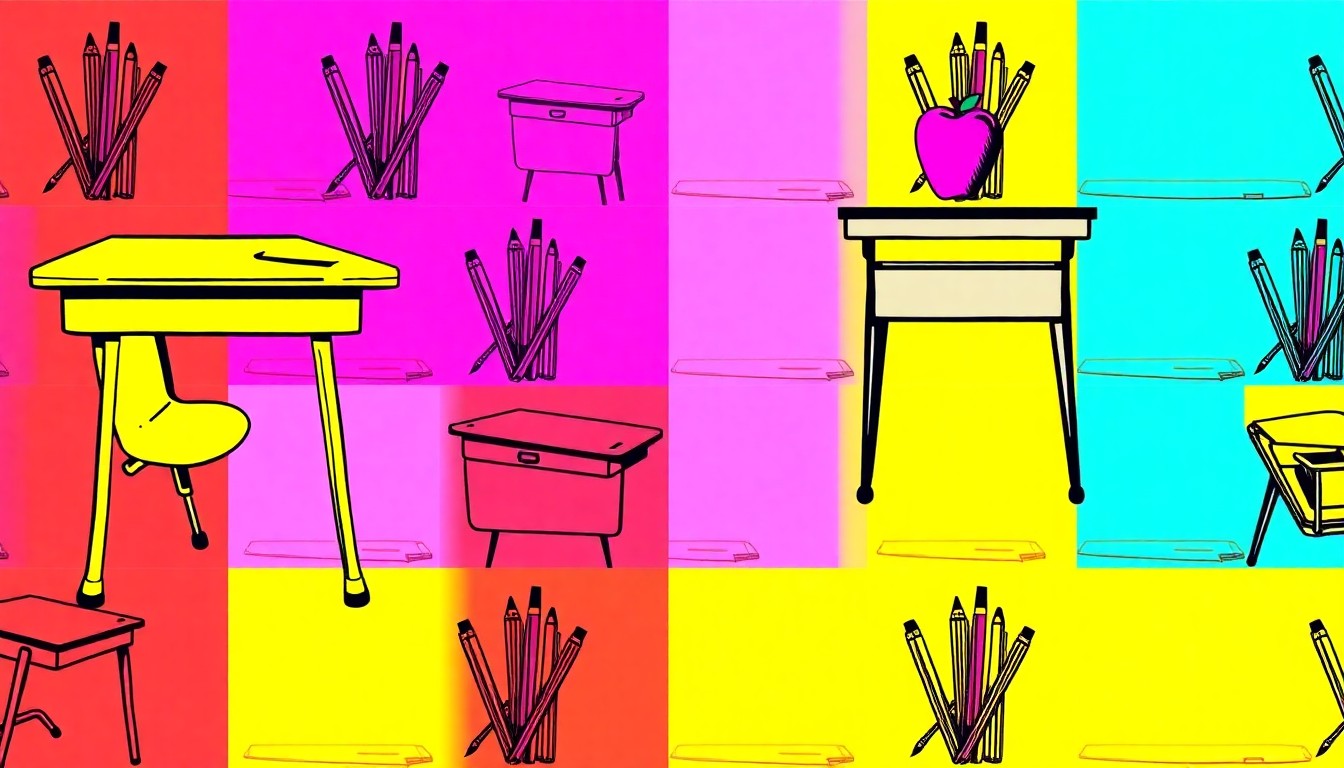 A high-contrast, silkscreen-style illustration featuring a repeating grid of school supplies like desks, pencils, and apples in a bold, neon color palette, conceptually representing the impact of engaged educational leaders.