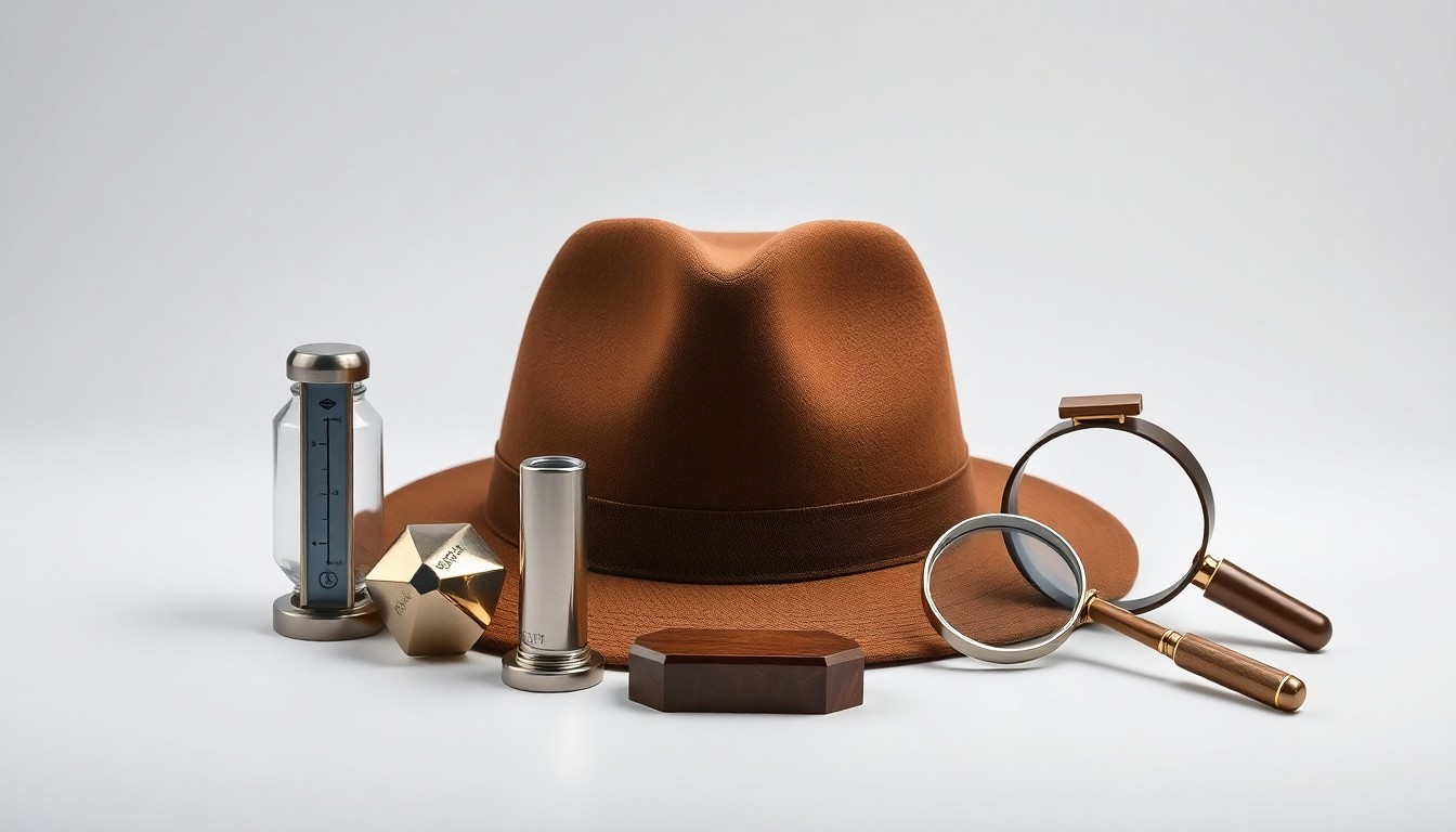 A minimalist studio still life featuring a collection of polished, geometric objects representing the business of agricultural insurance, including a farmer's hat, a rain gauge, and a magnifying glass, arranged elegantly on a clean, monochromatic background with dramatic lighting and shadows.