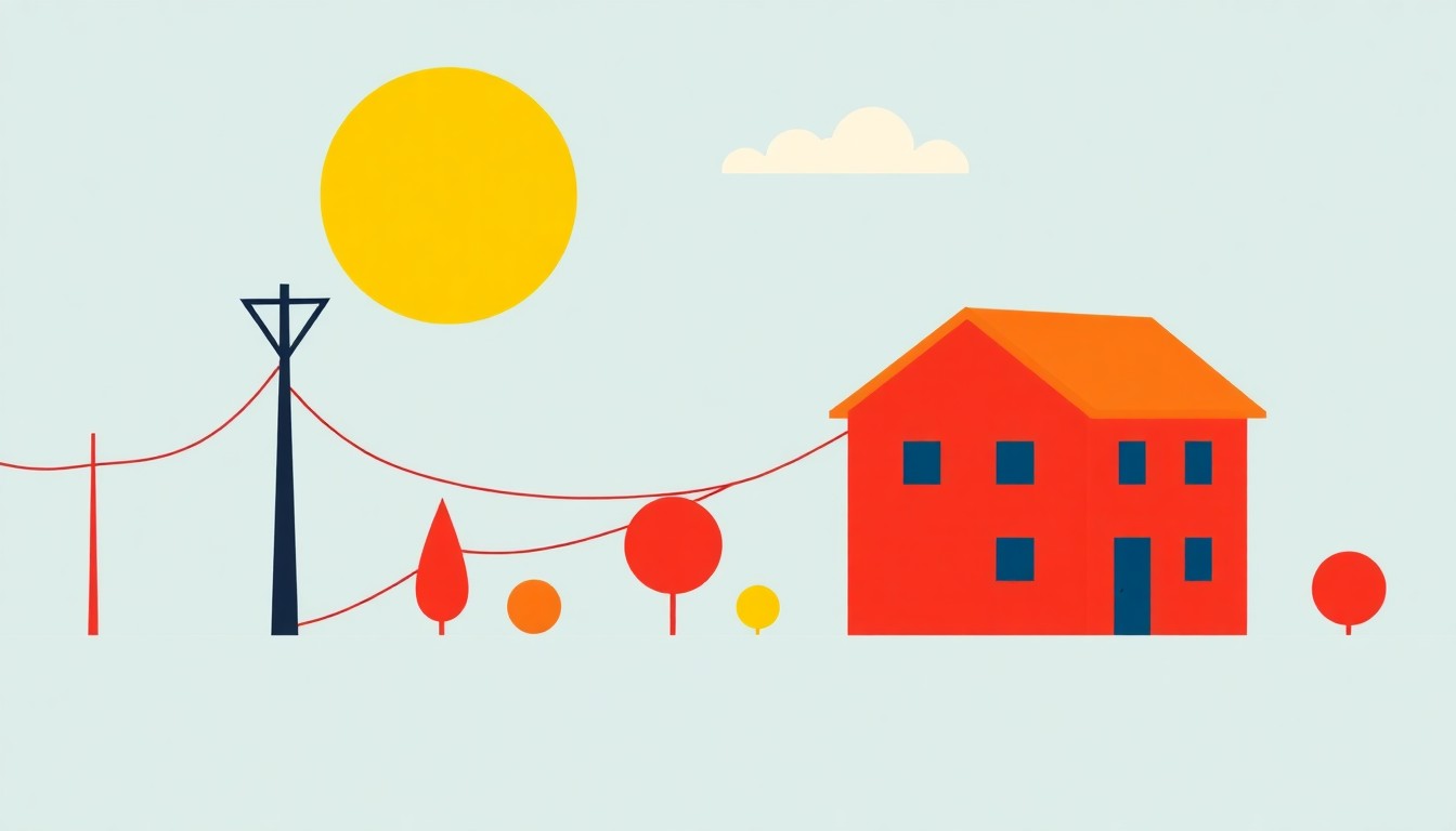 A vibrant abstract illustration using bold geometric shapes and primary colors to conceptually represent the rising costs of utilities and the need for reforms to ensure energy affordability for all.