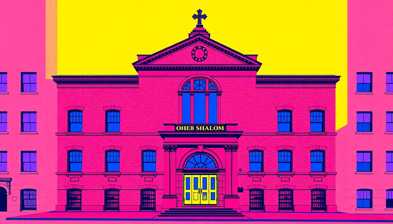 A brightly colored, high-contrast silkscreen print of the exterior facade of a historic building, repeated in a tight grid pattern to create a modern pop art effect, without any text or labels.