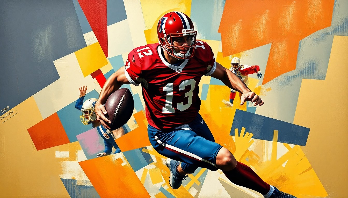 A fragmented, cubist-style painting depicting a football player in mid-stride, their body broken down into sharp, overlapping geometric shapes in shades of red, blue, and gold, capturing the raw athleticism and energy of the sport.