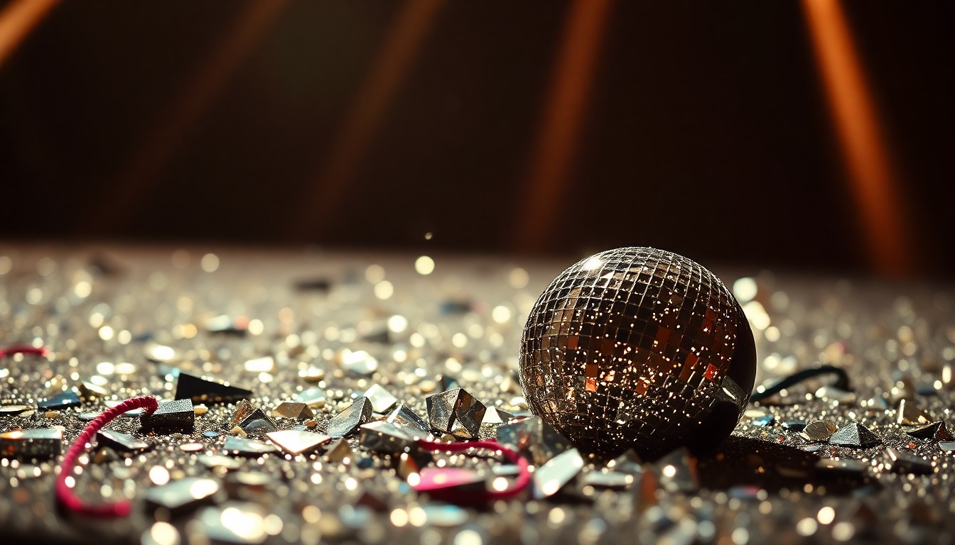 An abstract close-up photograph of shimmering sequins and shattered glass, using dramatic lighting to create a glamorous, high-fashion aesthetic without depicting any literal objects or people.
