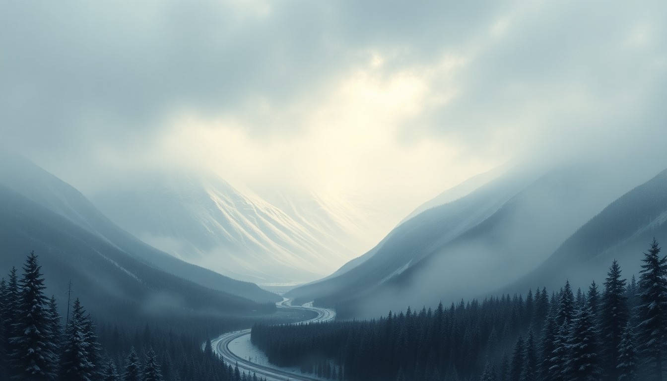 A sweeping, atmospheric landscape painting in muted tones of gray, blue, and white, depicting the Olympic Mountains obscured by a heavy snowstorm. The dramatic, sublime scene conveys the overwhelming power of nature during a severe winter weather event.