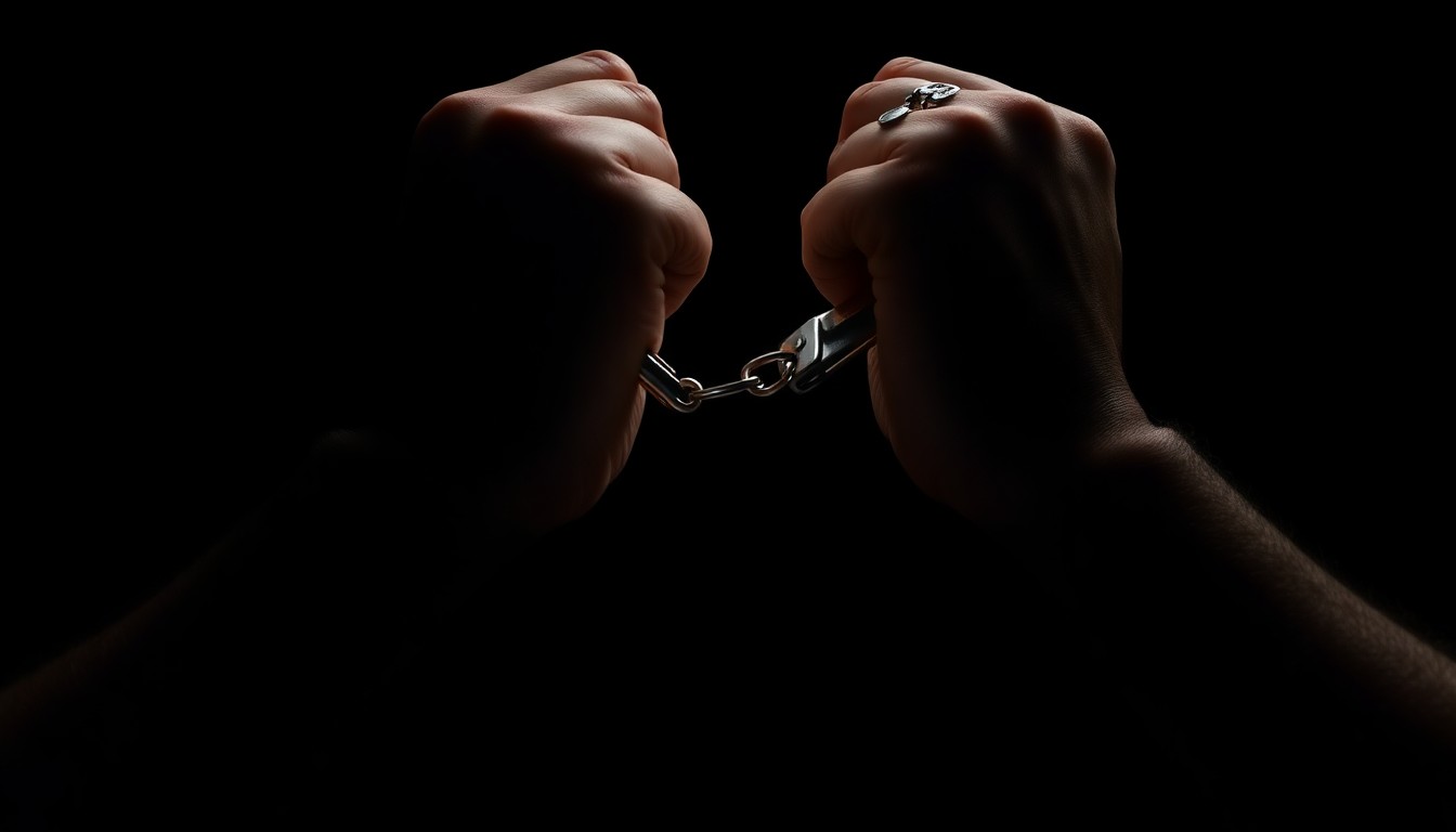 An extreme close-up of a pair of handcuffed wrists against a stark, black background, conceptually representing the arrest of a person and the serious nature of the alleged crime.