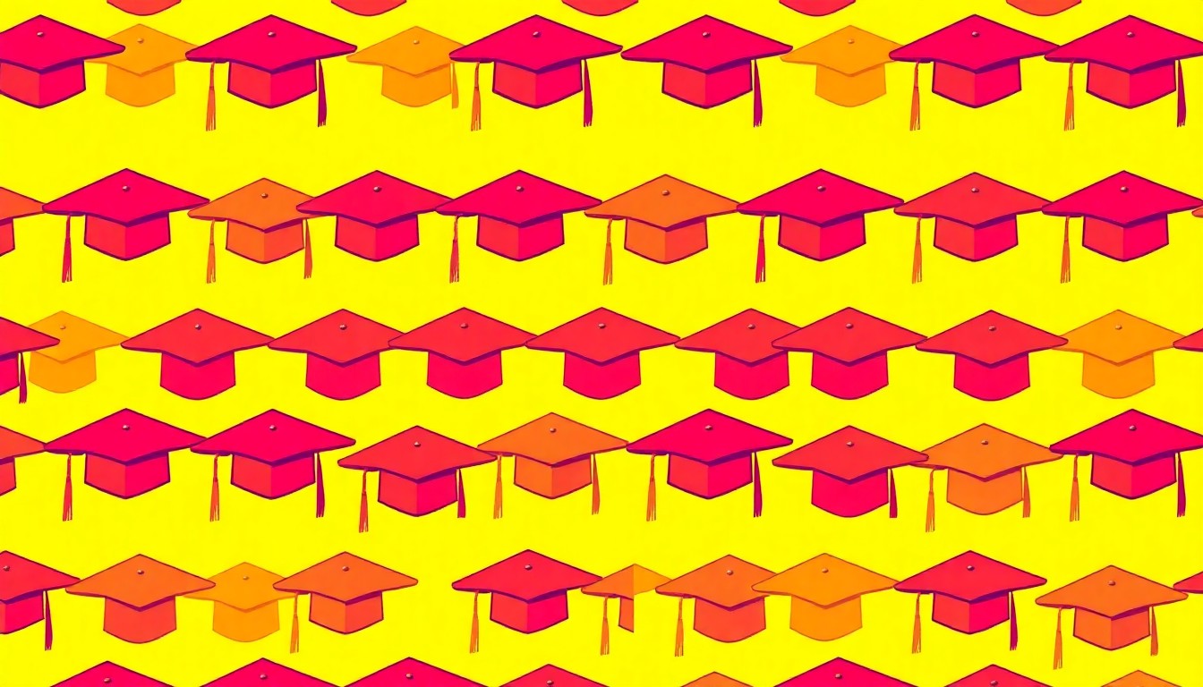 A bold, colorful silkscreen grid of stylized graduation caps in neon shades of blue, pink, and yellow, representing the innovative spirit of academic leaders in New Jersey.