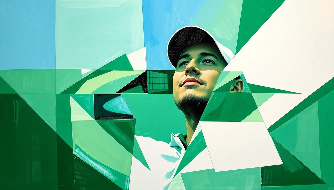 A cubist, geometric painting depicting Rory McIlroy's golf swing and the Masters trophy in a fractured, multi-perspective style, using bold colors to capture the energy and excitement of his victory.