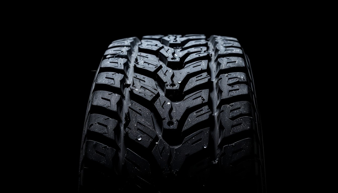 An extreme close-up of a damaged truck tire tread, the harsh flash creating a stark, gritty aesthetic that conceptually illustrates the dangers of rural road accidents.