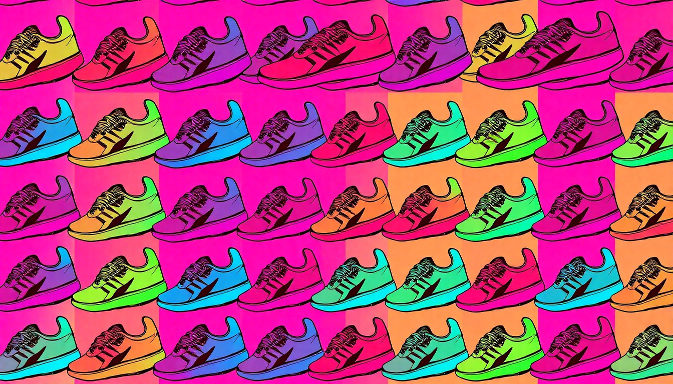 A grid of brightly colored, high-contrast silkscreen prints of a single running shoe model, rendered in a bold, abstract pop art style with flat neon colors and heavy black outlines.