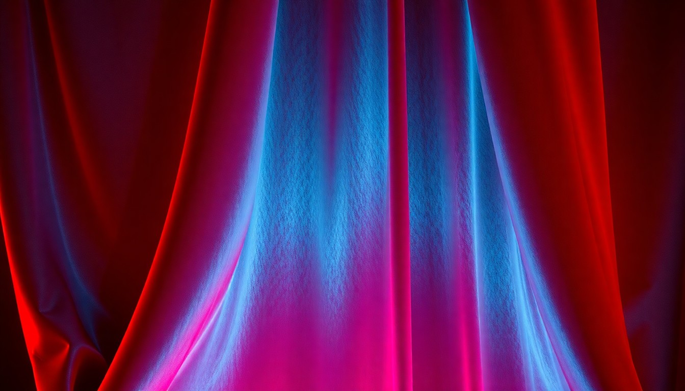 An extreme close-up photograph of a lush, velvety theatrical curtain in deep, saturated shades of crimson and indigo, conceptually representing the glamour and drama of the performing arts that draw in Lidie's niece Annie.