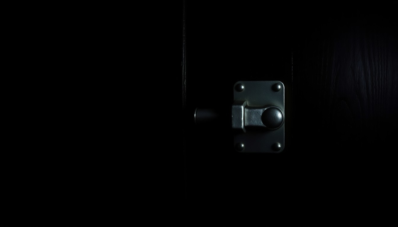 An extreme close-up photograph of a metal door lock against a pitch-black background, the harsh lighting creating a stark, gritty aesthetic that conceptually represents the Duggars' legal troubles.