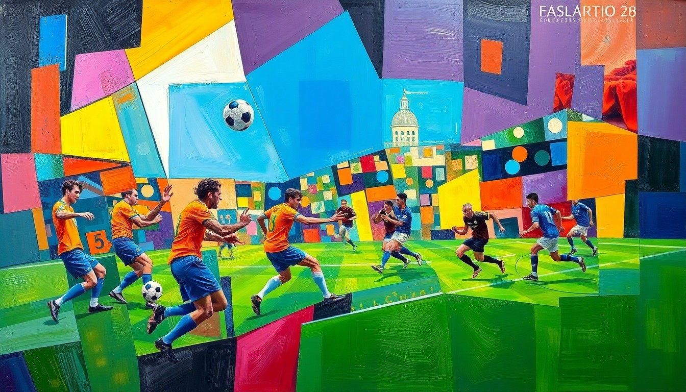 A fractured, cubist-style painting depicting the chaotic energy of a soccer match, with players and the field broken down into sharp, overlapping geometric shapes in vibrant colors like blue, orange, and purple, conveying the turmoil surrounding Inter Miami's season.