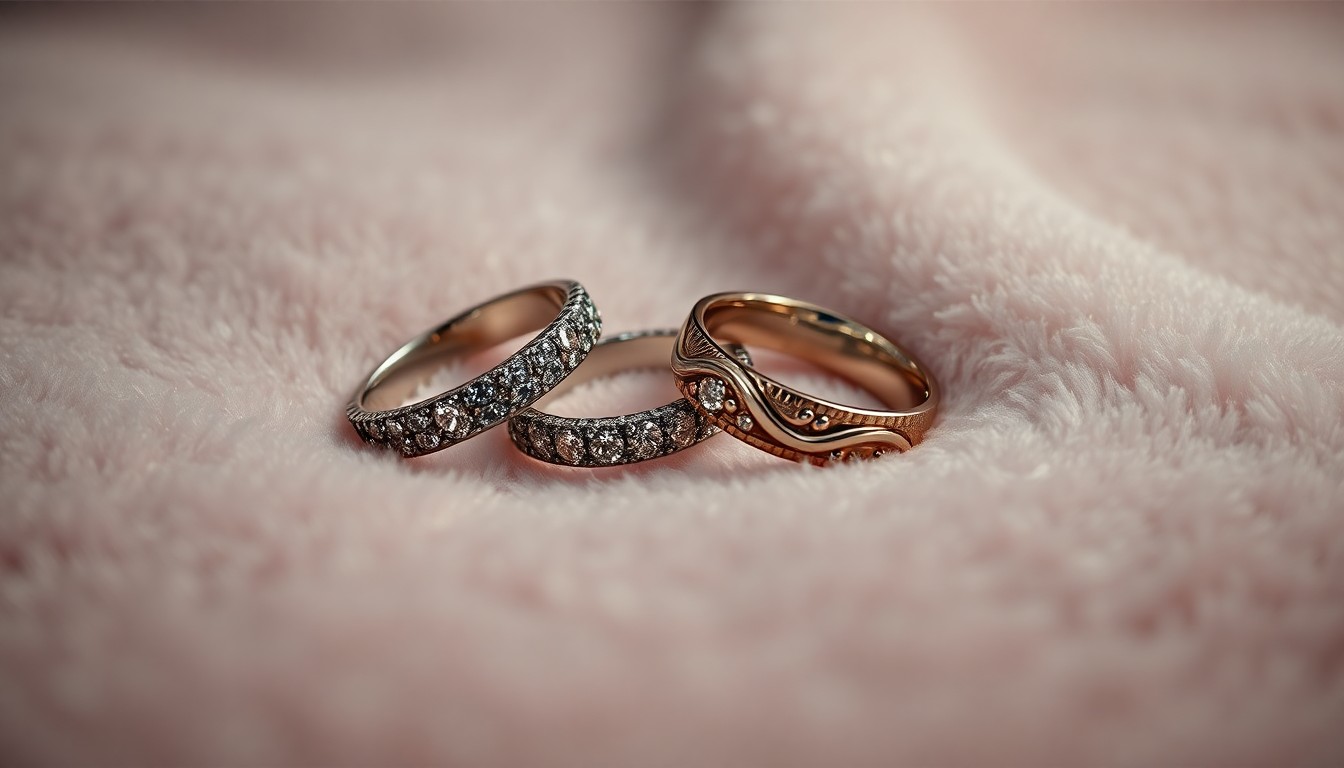 An extreme close-up photograph of two shiny wedding rings resting on a plush, velvety surface, capturing the luxurious and glamorous mood of a celebrity wedding celebration.