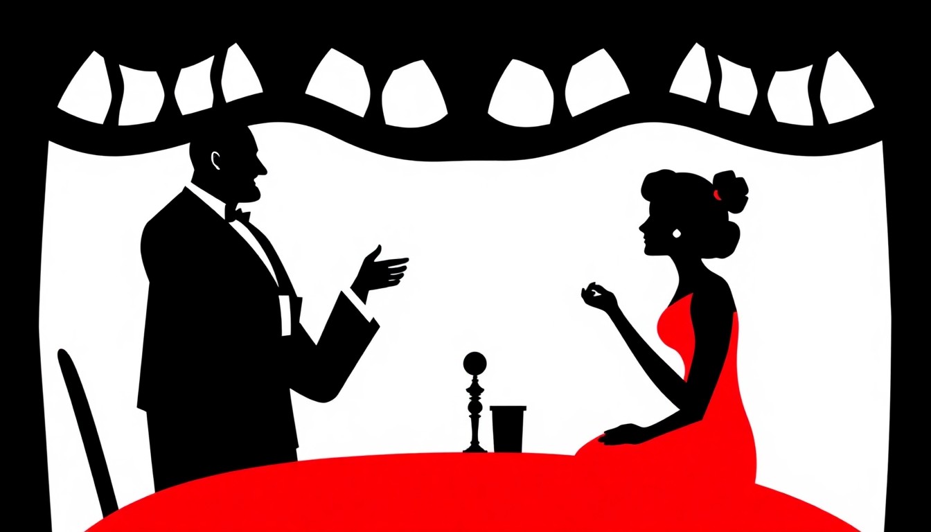 A bold, abstract illustration featuring stark geometric shapes and silhouettes in high-contrast red and white, conceptually representing the '80s sitcom twist on the classic play 'Tartuffe'.