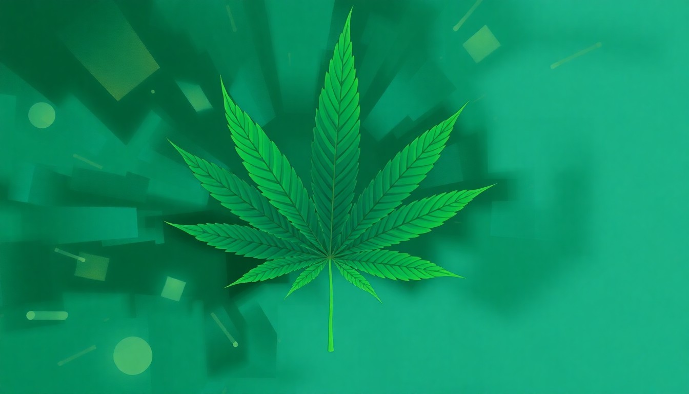 A fractured, abstract painting in shades of green and blue depicting a stylized cannabis leaf in motion, conveying the momentum behind the medical marijuana initiative in Idaho.