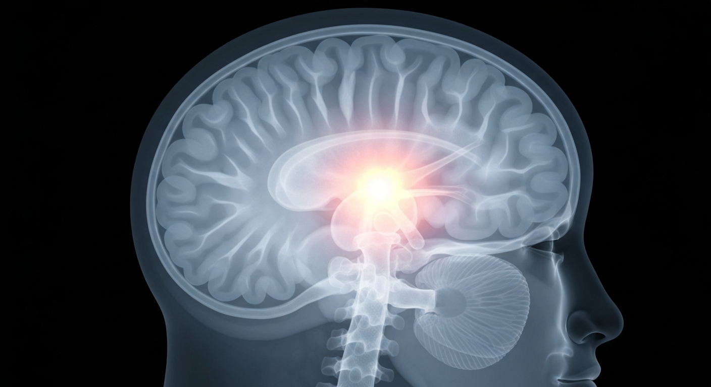 A translucent X-ray photograph showing the ghostly internal structures of a human brain, with a small, glowing section to represent the area affected by a stroke.