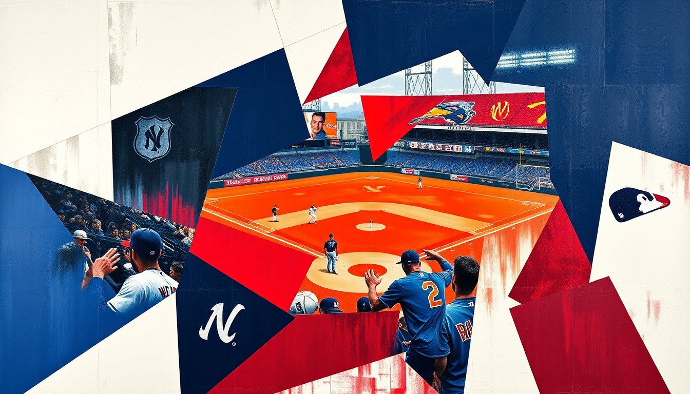 A fractured, multi-perspective painting in the style of Pablo Picasso, breaking down a baseball game or match into sharp, overlapping geometric planes in the official team colors of the Cleveland Guardians: navy blue, red, and white.