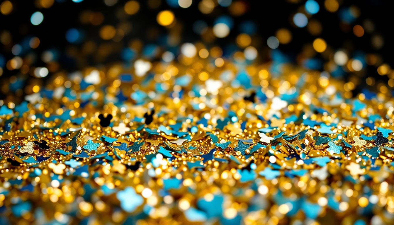 An abstract close-up image of shimmering Disney-themed confetti in gold, silver, and blue, captured with dramatic studio lighting to create a high-fashion, celebratory aesthetic.