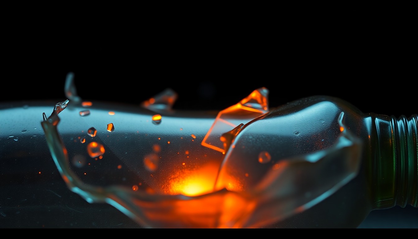 An extreme close-up of a shattered glass bottle, its jagged edges reflecting a faint orange glow, conceptually representing the aftermath of a Molotov cocktail attack.