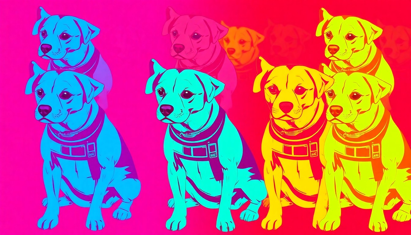 A vibrant, high-contrast silkscreen illustration of a service dog in a harness, repeated in a grid pattern with bold neon colors and heavy black outlines, conceptually representing the accessibility of public transportation for those who rely on working animals.