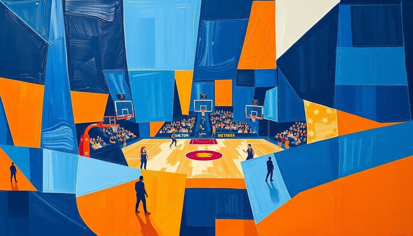 A fractured, multi-perspective painting depicting a WNBA basketball game, with the players and court broken down into sharp, overlapping geometric shapes in a palette of navy blue, sky blue, and bright orange, conceptually representing the dynamic and evolving nature of the women's professional basketball league.