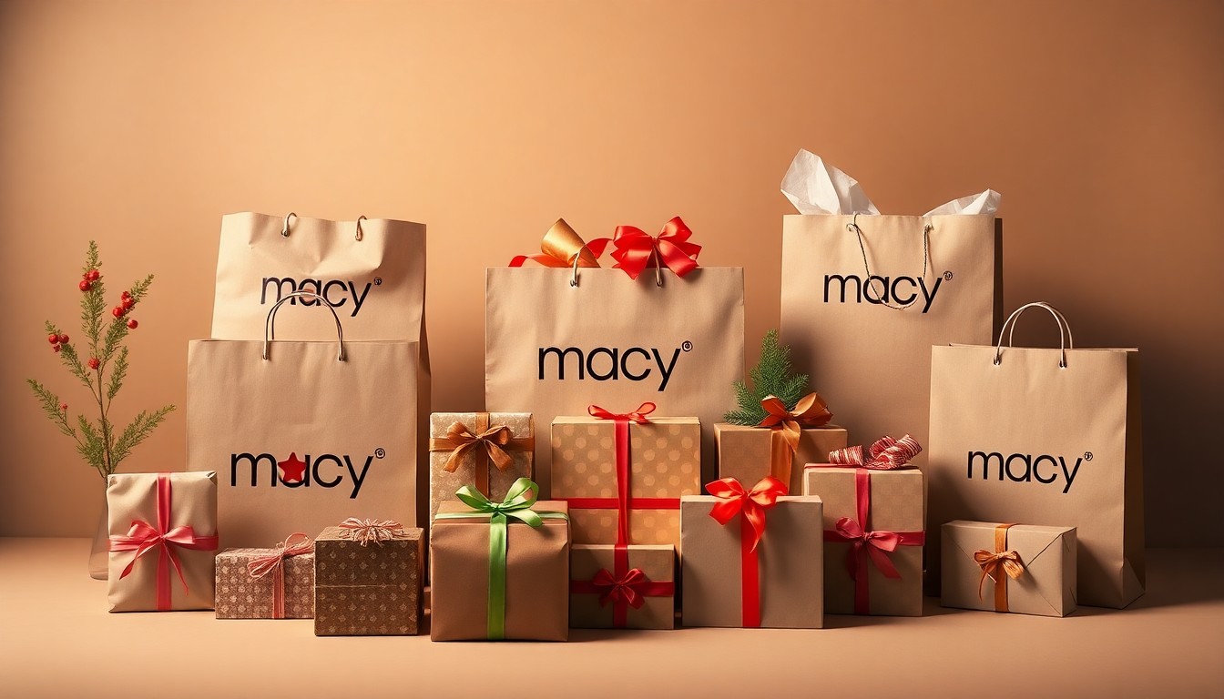 A high-end, photorealistic studio still-life photograph featuring a neatly arranged display of Macy's shopping bags, gift boxes, and other premium retail accessories in muted earth tones and soft studio lighting, conceptually representing the decline of traditional brick-and-mortar retail.
