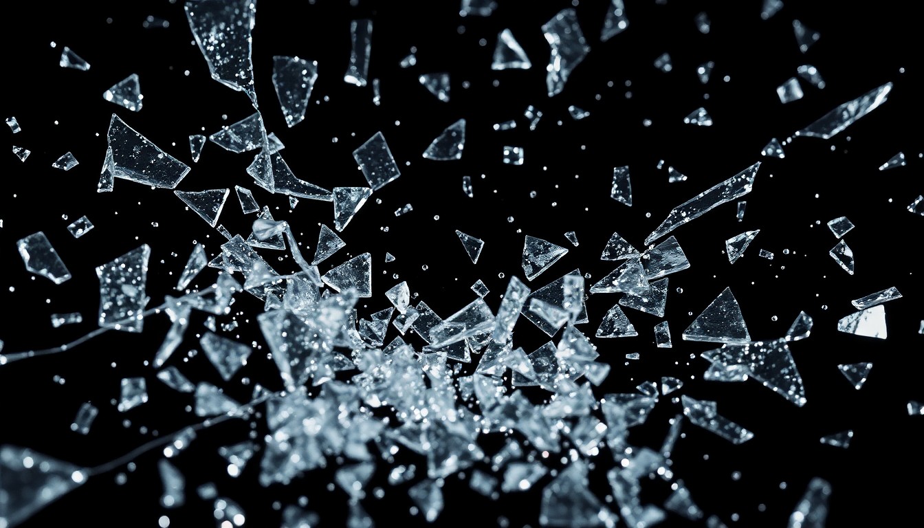 An extreme close-up photograph of shattered glass and glittering shards, capturing the dramatic textures and high-contrast lighting to represent the iconic Oasis album artwork and the band's enduring rock star legacy.