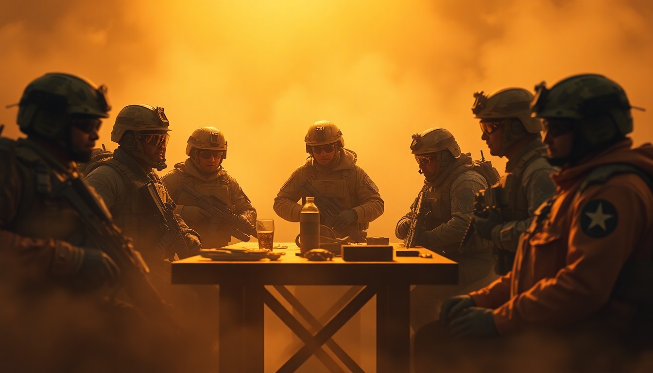 An abstract, out-of-focus photograph in shades of amber and ochre, depicting the blurred silhouettes of people in military uniforms gathered around a table, conveying a sense of community and camaraderie within the special operations forces.