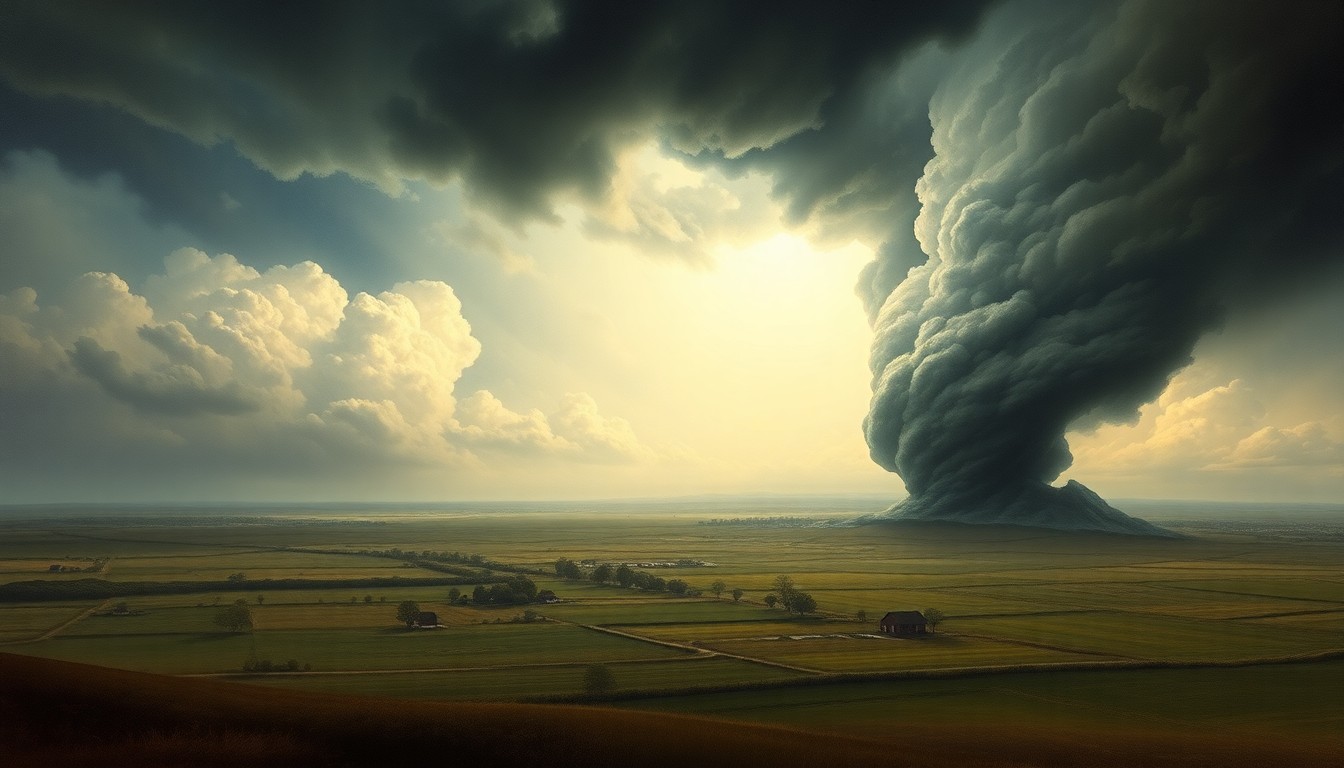 A vast, atmospheric landscape painting depicting a tornado-ravaged Midwestern countryside, with the remaining structures and objects dwarfed by the overwhelming force of the storm. The scene conveys the sublime scale and power of the natural disaster through the use of deep perspective and dramatic lighting.