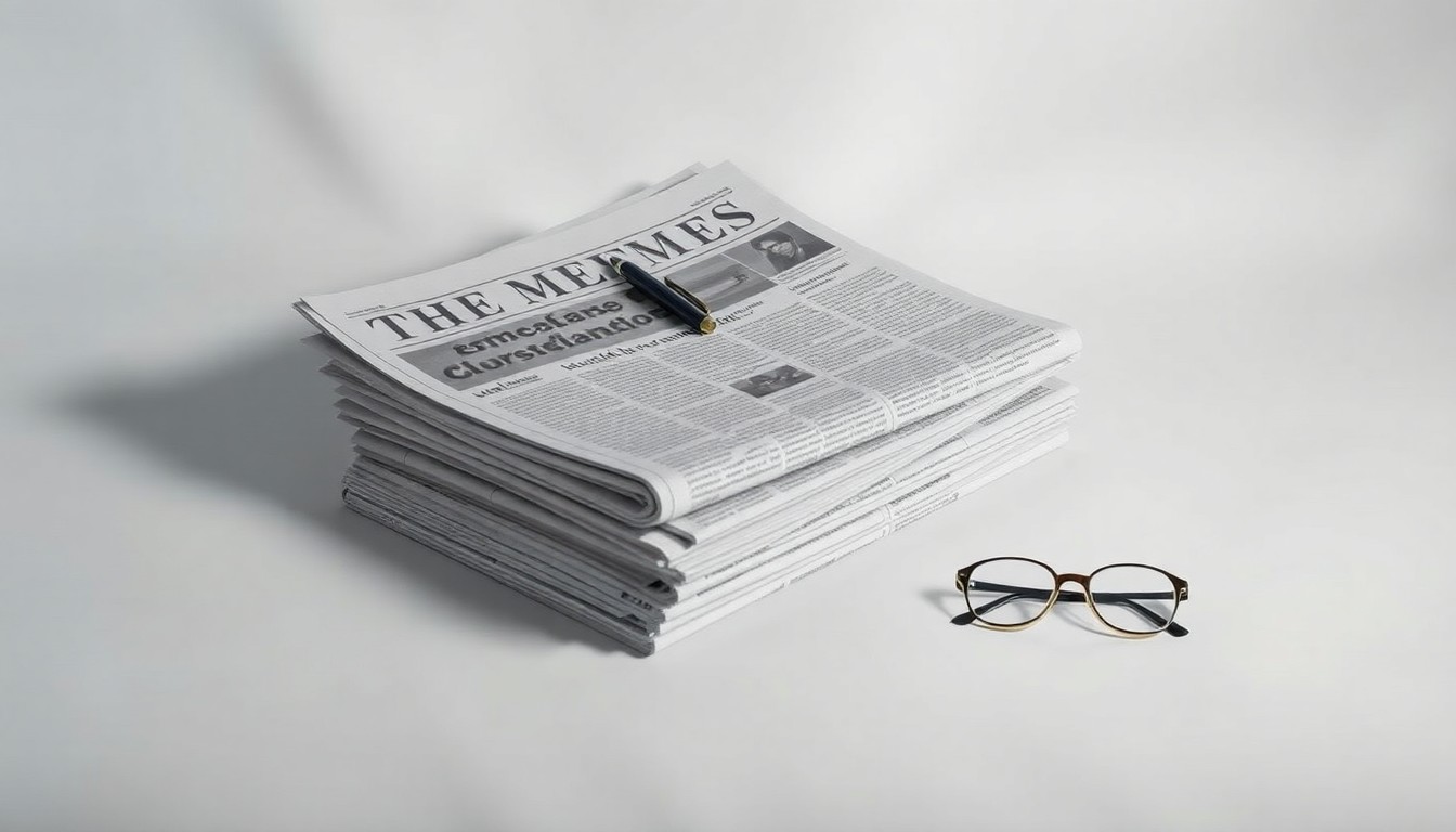 A minimalist studio still life photograph featuring a stack of newspapers, a pen, and a pair of reading glasses arranged on a clean, white background, symbolizing the importance of local journalism and the challenges facing the newspaper industry.