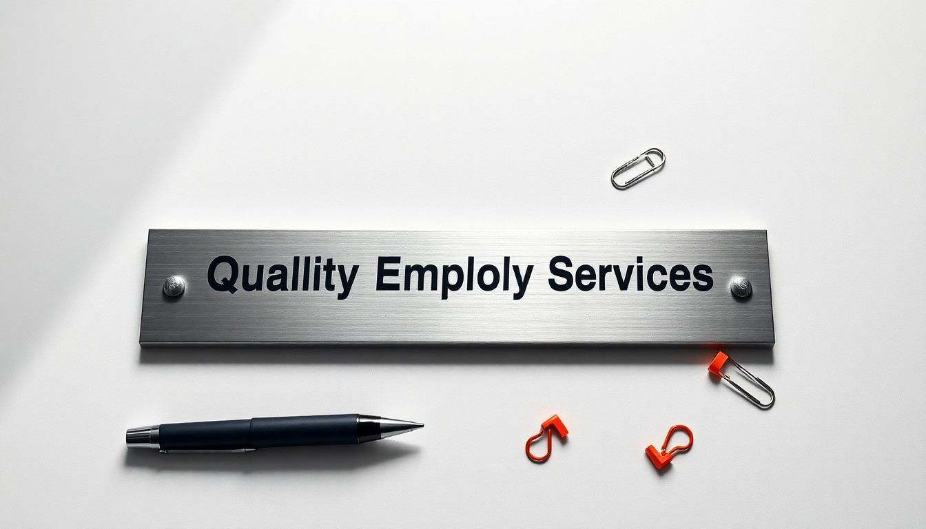 A polished metal nameplate for 'Quality Employment Services' rests on a clean, monochromatic background, surrounded by simple office supplies like pens and paper clips, conveying a sense of corporate professionalism and opportunity.