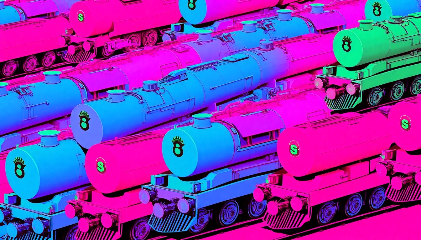 A brightly colored, high-contrast silkscreen print of a model train engine repeated in a tight grid pattern, capturing the playful and iconic nature of transportation-themed exhibits at the Akron Children's Museum event.