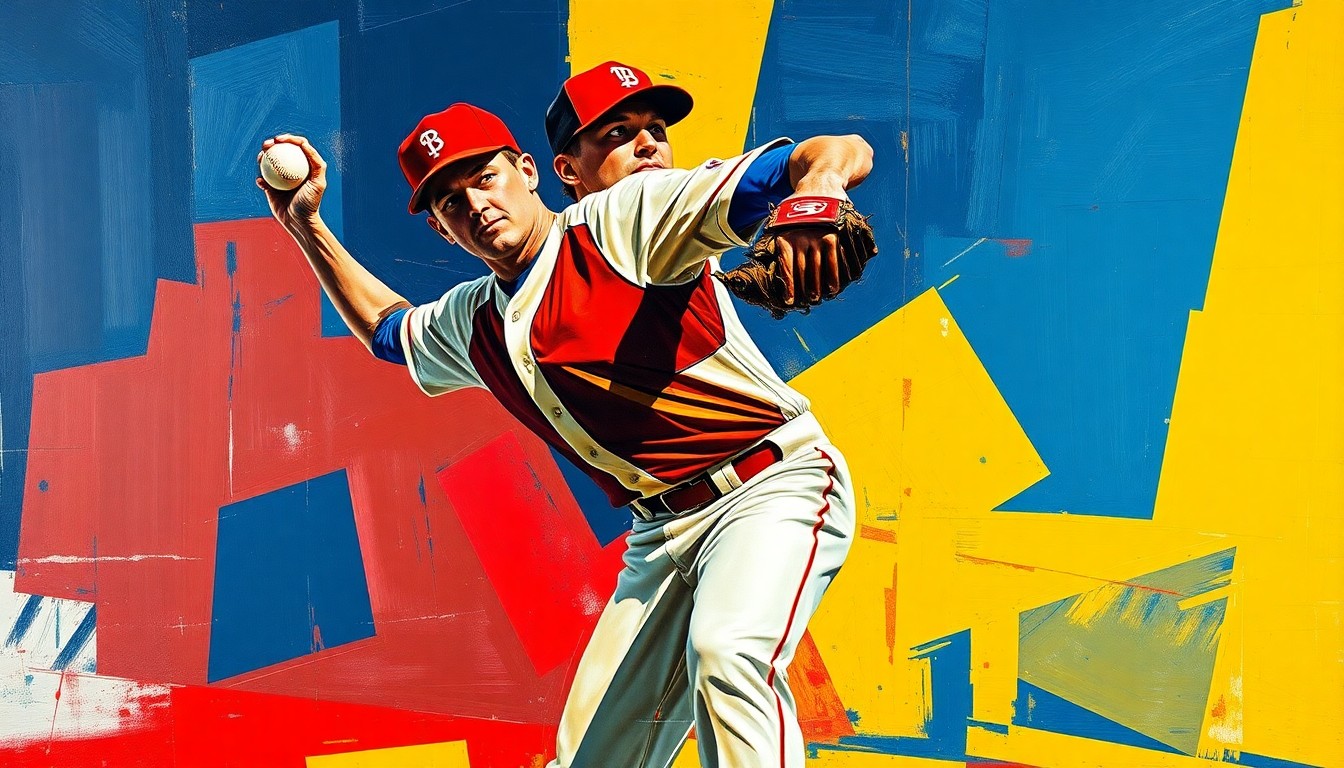 A cubist-style painting depicting the motion of a baseball pitcher in a fractured, geometric style, using bold colors to represent the power and energy of the game.