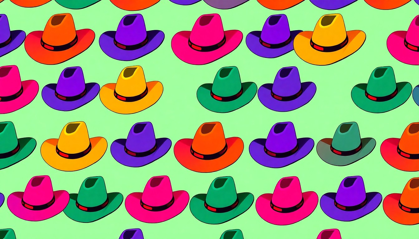 A high-contrast, silkscreen-style illustration featuring a repeating pattern of a rodeo cowboy hat in bright, neon-like colors, conceptually representing the energy and spirit of the Angola Prison Rodeo event.