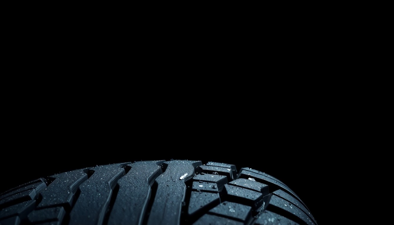 An extreme close-up photograph of a shredded car tire tread against a pitch-black background, the harsh lighting creating a gritty, investigative aesthetic.
