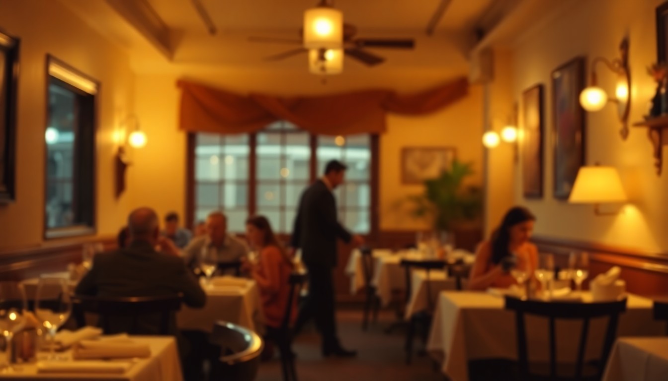 An abstract, out-of-focus photograph in warm, muted tones depicting the cozy, intimate atmosphere of a classic Italian restaurant, with blurred silhouettes of diners and servers moving through the frame.