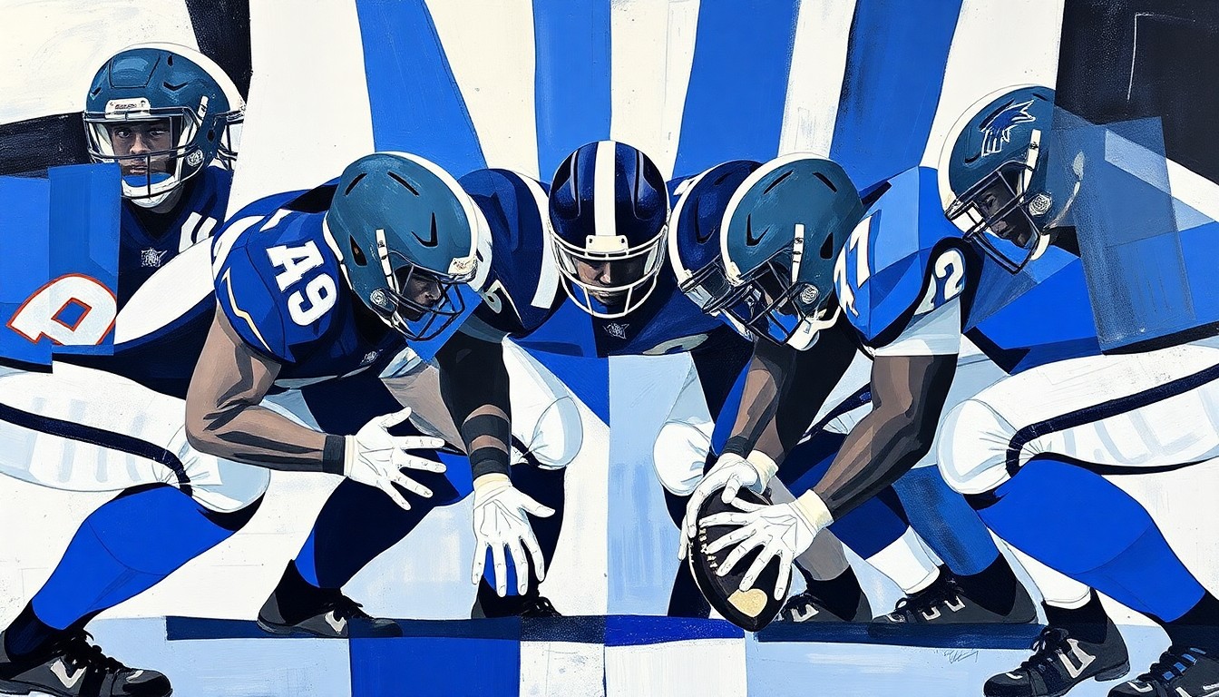 A fragmented, geometric painting depicting the overlapping forms and planes of a powerful defensive line, conveying the raw power and intensity of elite run defense.