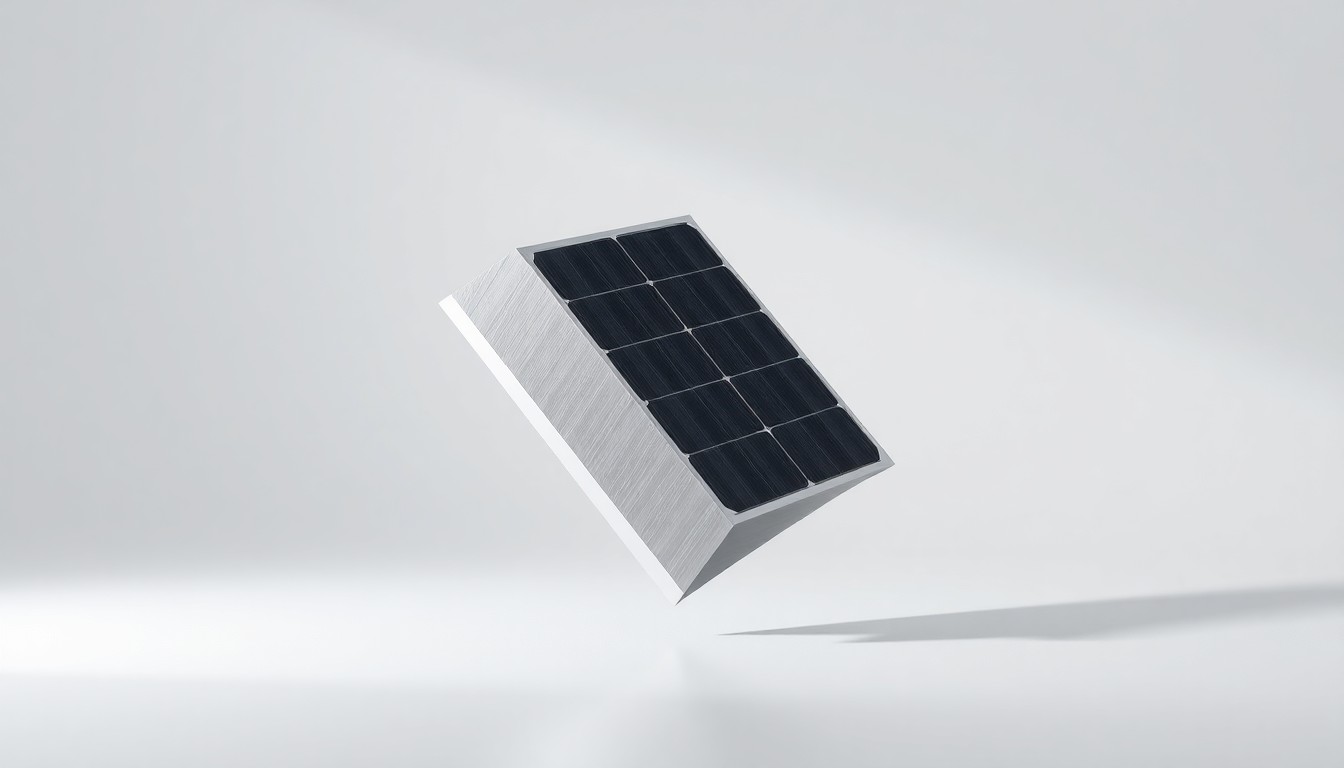 A photorealistic studio still-life image of a polished, geometric solar panel component made of brushed aluminum and tempered glass, floating elegantly on a clean, monochromatic background with dramatic lighting and deep shadows, conceptually representing the precision and innovation of Suniva's solar cell manufacturing.