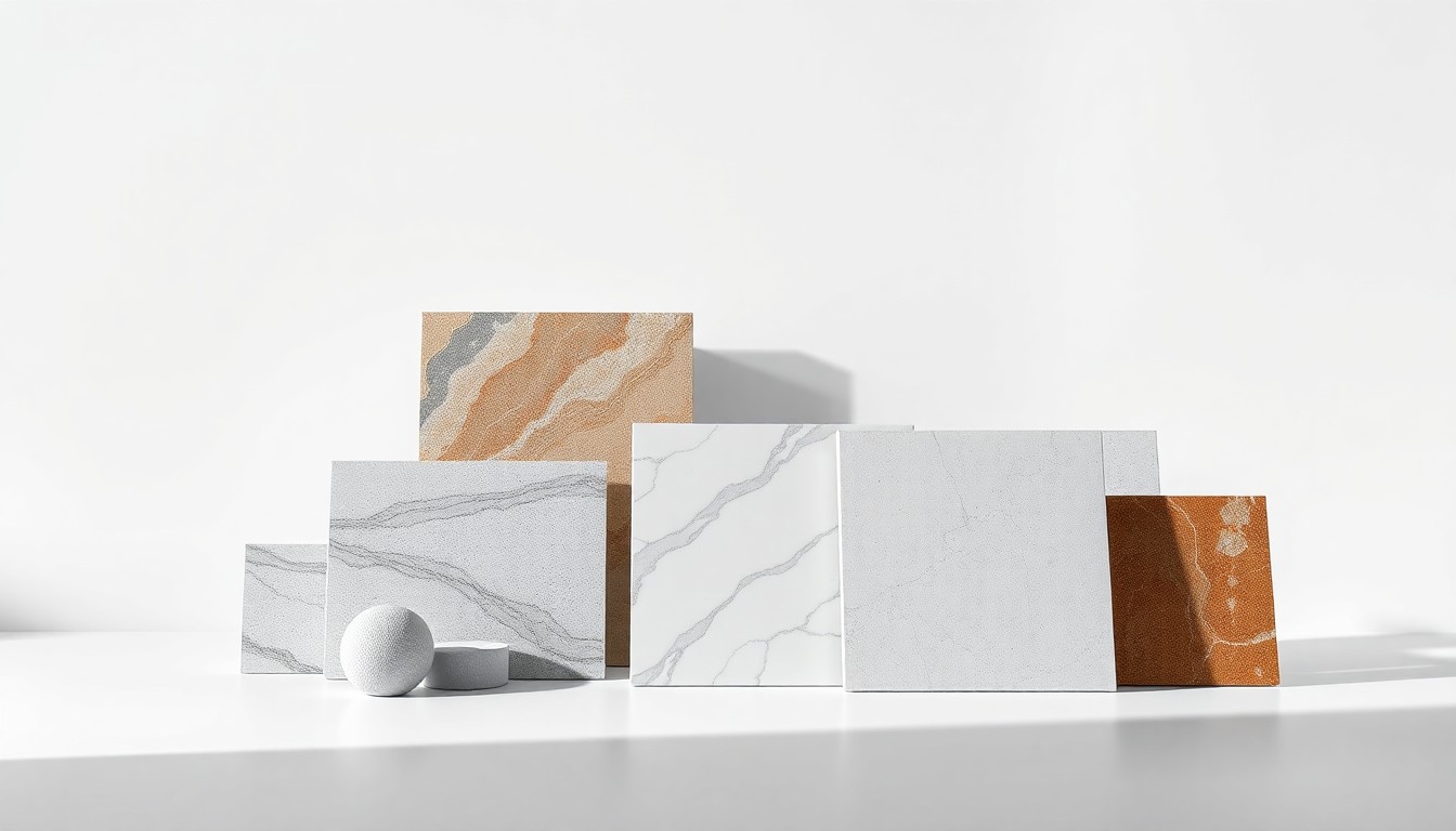 A high-end studio still life photograph featuring a selection of sleek, modern flooring, countertop, and tile samples from MSI, arranged elegantly on a clean, monochromatic background to convey the company's commitment to quality, design, and customer experience.