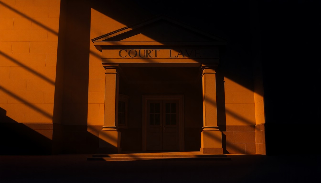 A cinematic painting of a dimly lit courthouse entrance, with warm diagonal sunlight and deep shadows, conveying a sense of quiet contemplation about the justice system.
