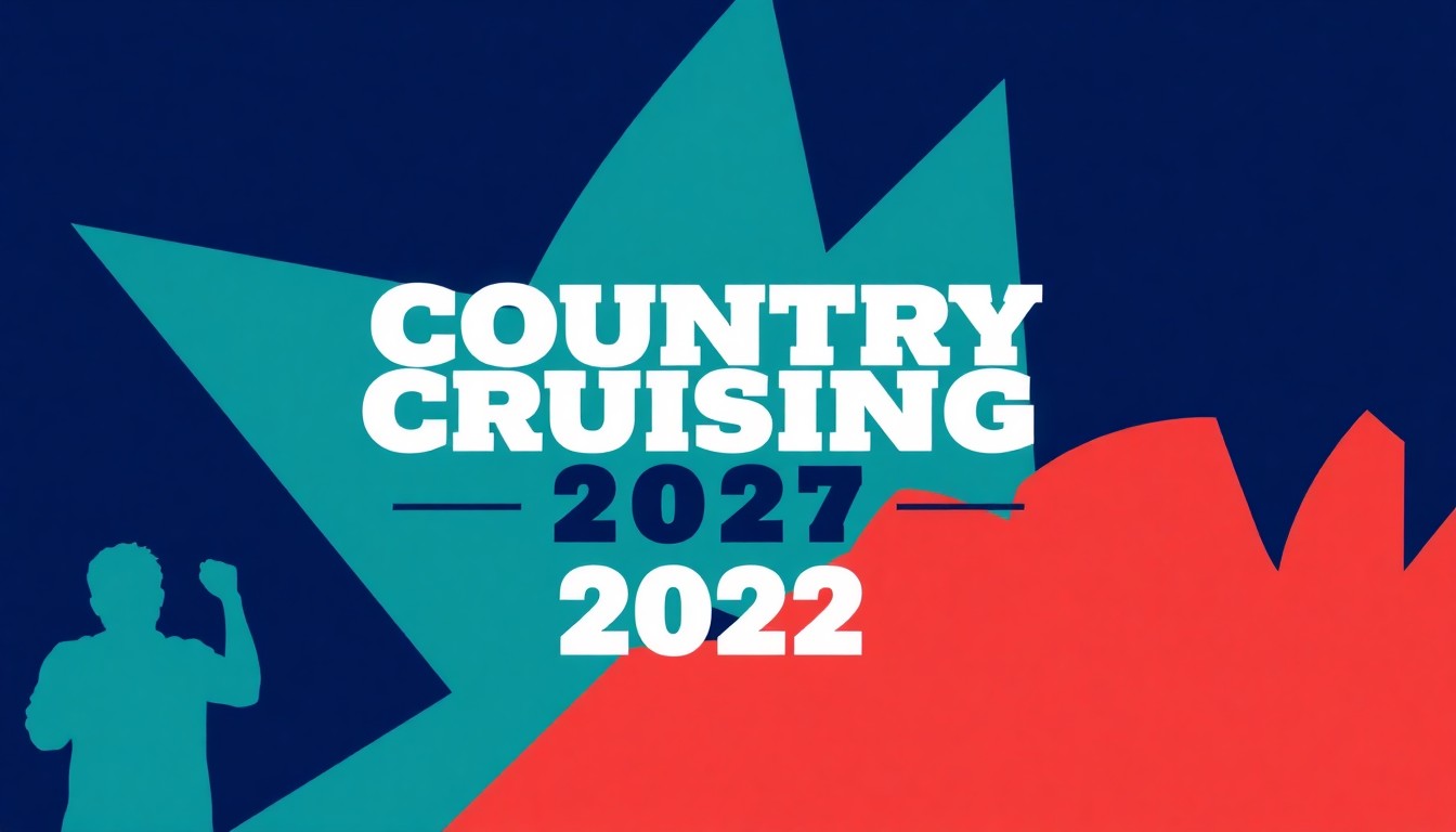 An abstract, minimalist illustration featuring overlapping geometric silhouettes in navy, teal, and coral, conceptually representing the diverse lineup of country artists performing at the Country Cruising 2027 festival.
