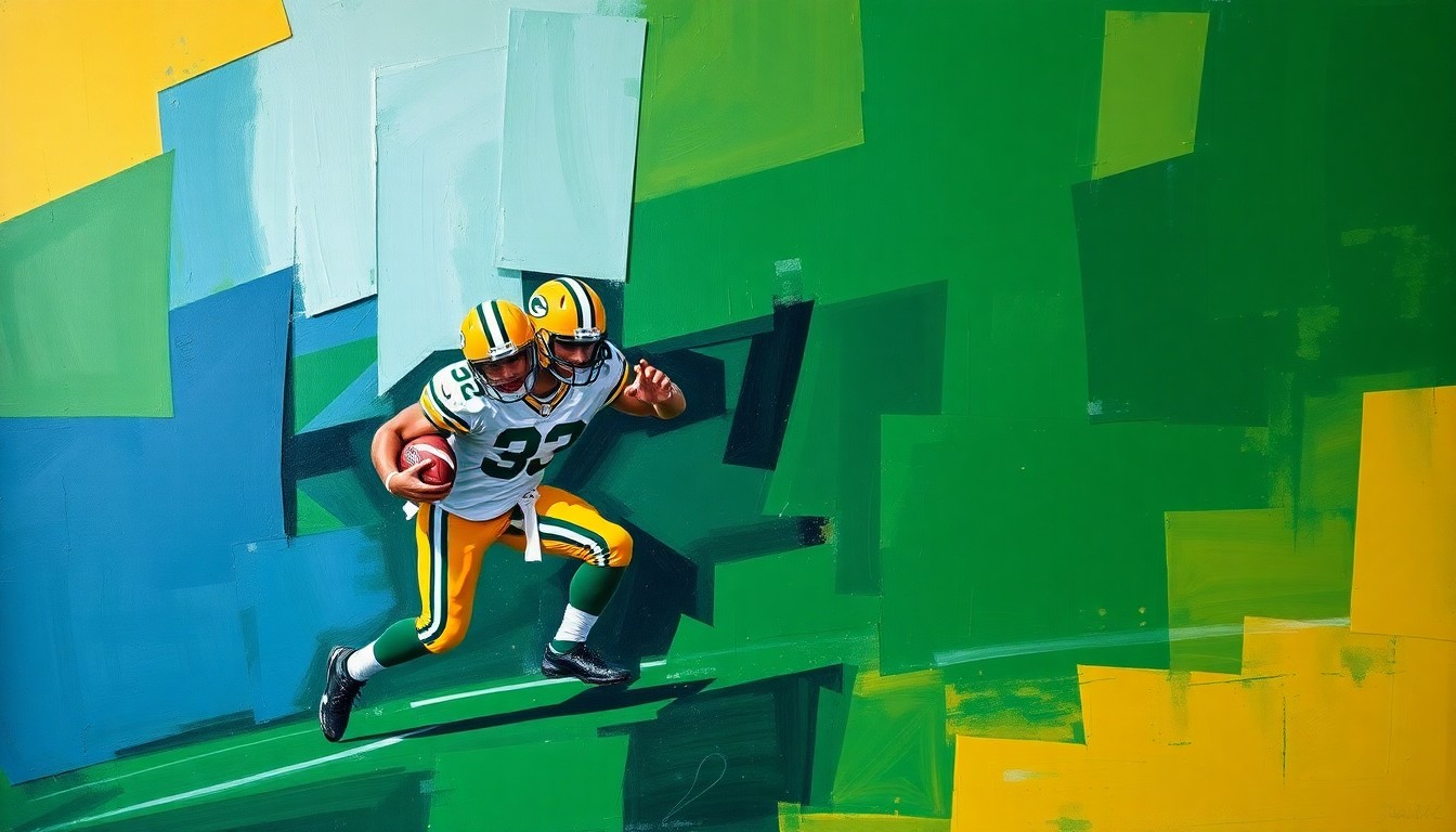 A cubist, geometric painting depicting a Packers running play, with sharp, overlapping planes of green, gold, and navy blue representing the team's colors and the fragmented, multi-perspective nature of the action.