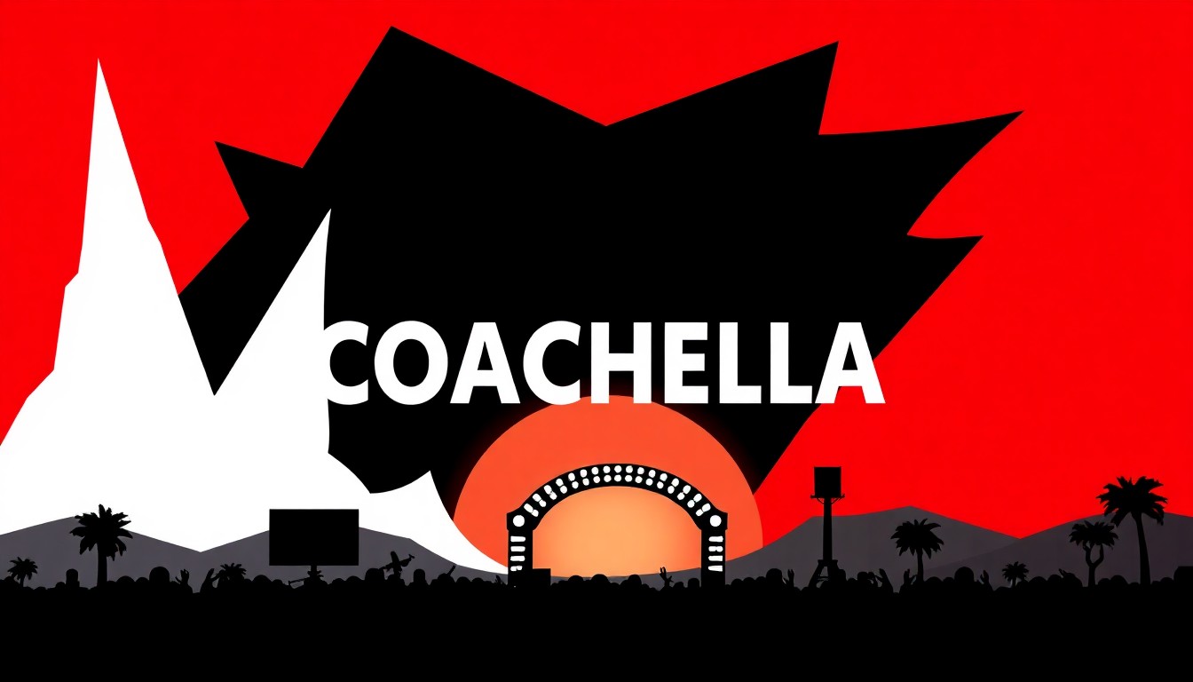 A striking, minimalist illustration featuring bold, geometric shapes in black, white, and red, capturing the dynamic energy and spirit of the Coachella music festival.