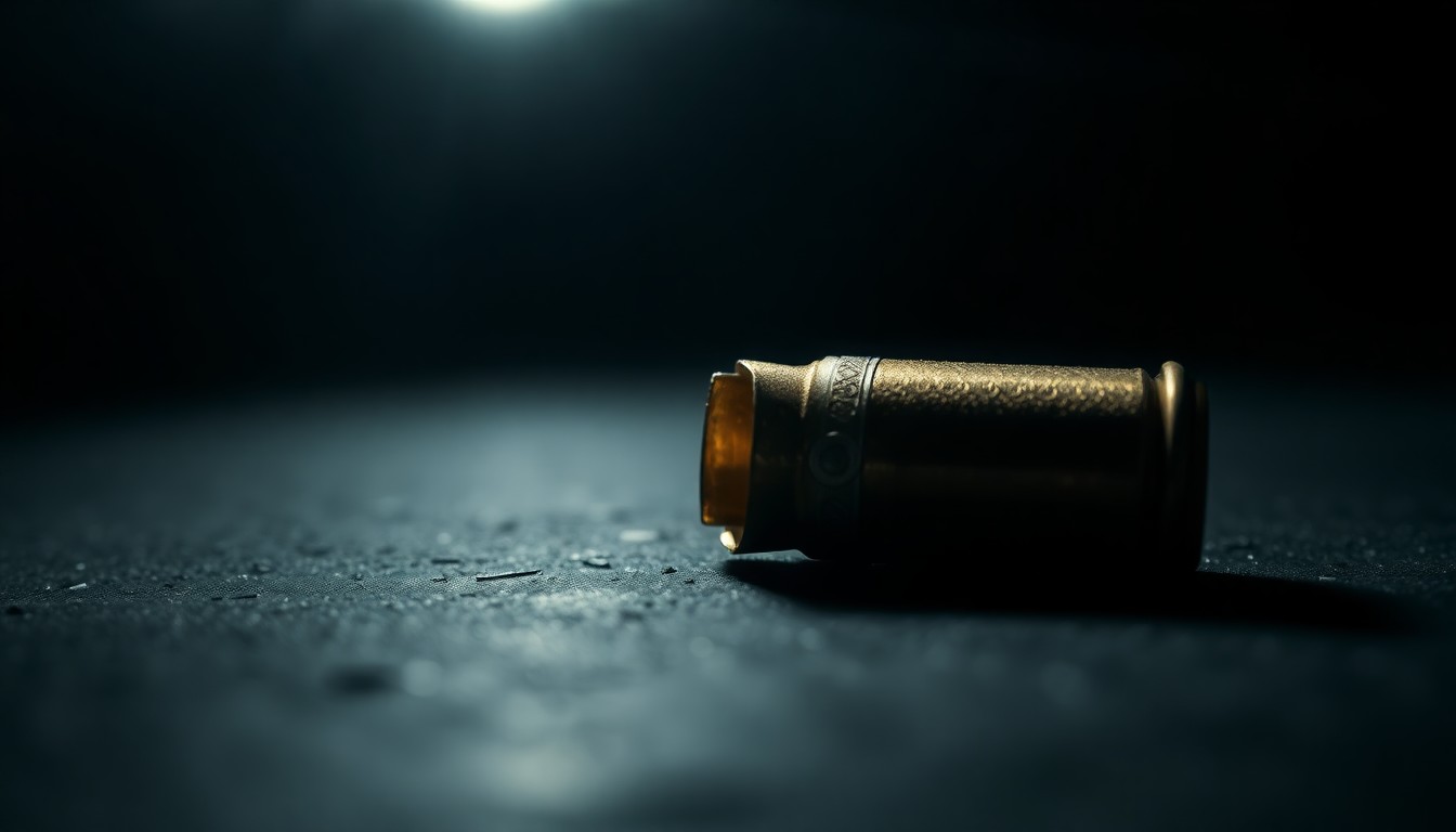 An extreme close-up photograph of a spent shell casing on a dark surface, capturing the stark, gritty details of a police investigation into a fatal shooting incident.