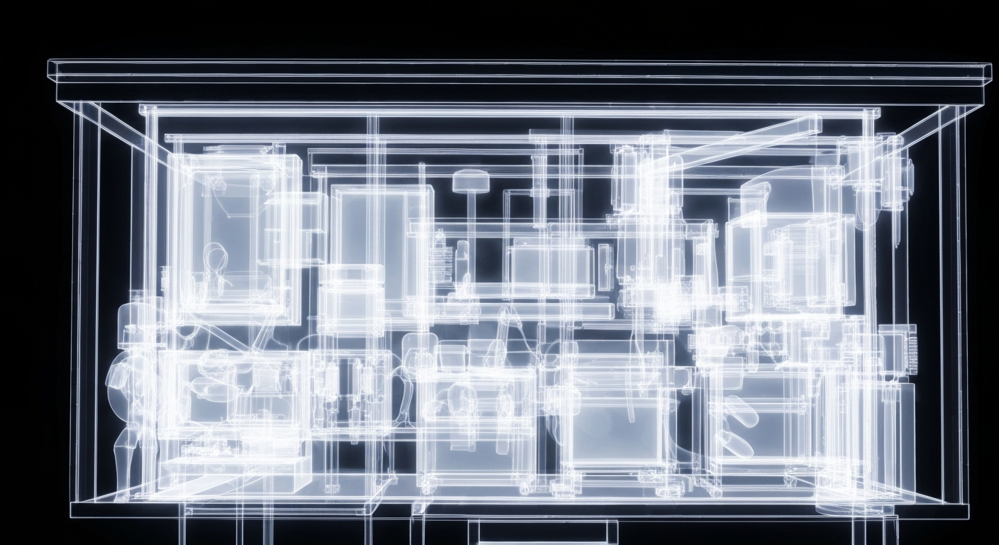 An abstract, ghostly X-ray image of the interior of a rural medical clinic, with glowing lines and shapes representing the clinic's equipment and facilities, conveying the importance of improving healthcare access in underserved areas.