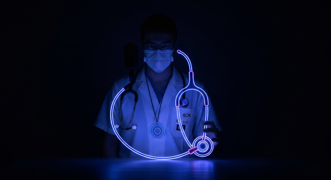 A minimalist design in the style of Keith Haring, with a glowing neon outline of a stethoscope against a dark background, conceptually representing the energy and innovation of the medical field.