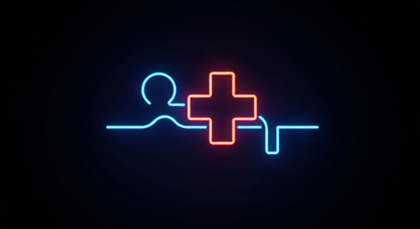 A minimalist design in the style of Keith Haring where the outline of a stethoscope is defined entirely by glowing, vibrant neon lines against a deep, dark background, emphasizing the shape and electricity of the medical field.