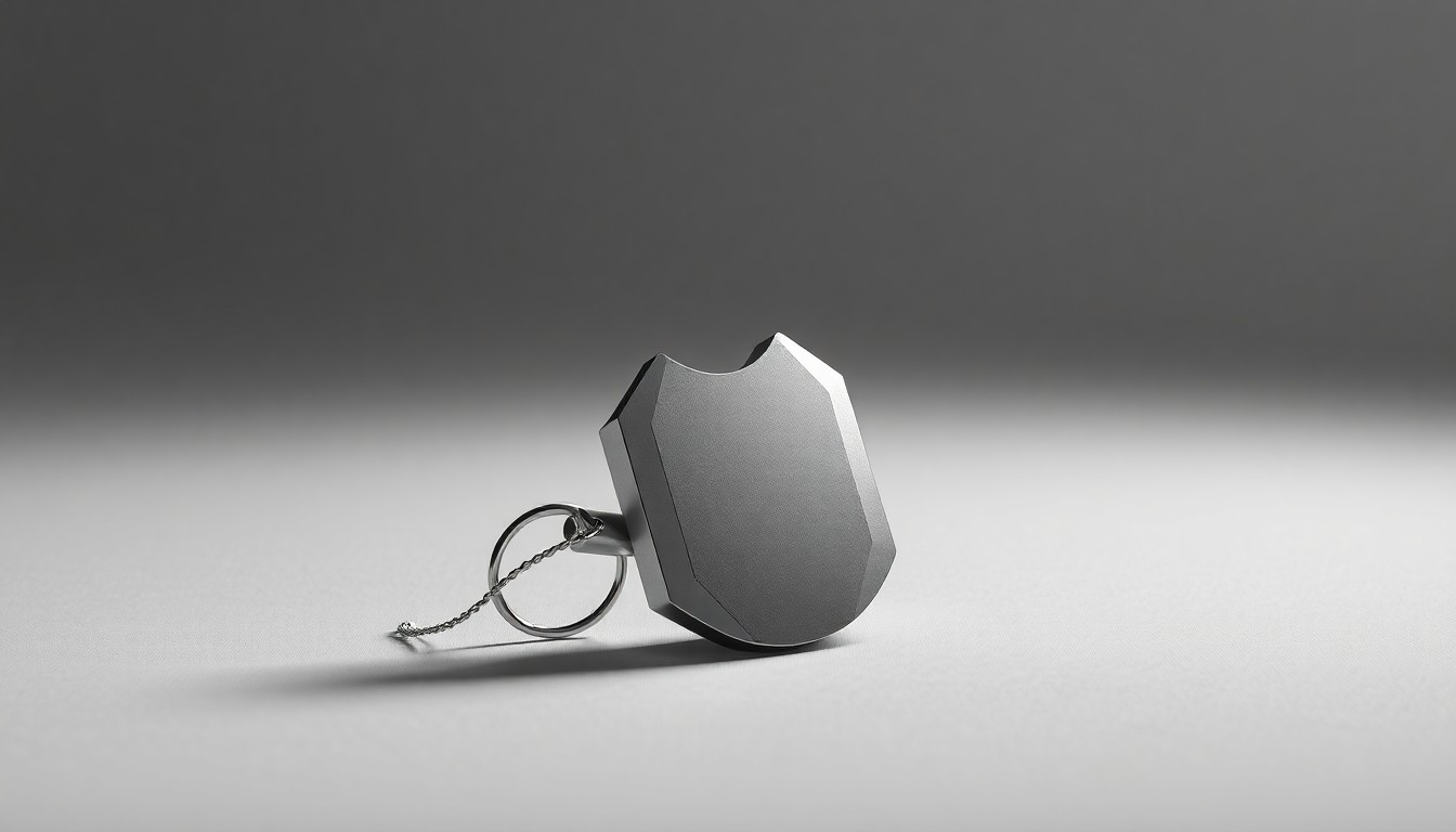 A close-up photograph of a polished, geometric metal security device, such as a security tag or lock, placed on a clean, monochromatic background and dramatically lit to represent the abstract concepts of retail security and loss prevention.